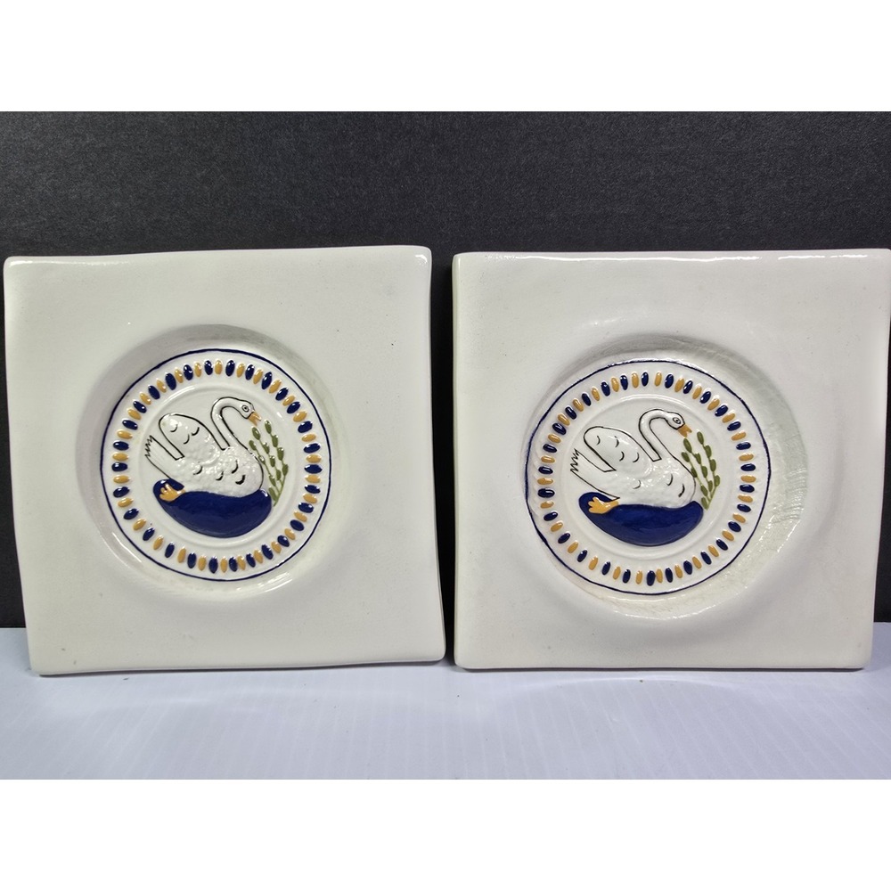 Set Of 2 Handmade Swan Tile, Andrea West Repro- 1800's Dutch Butter Mold Vintage